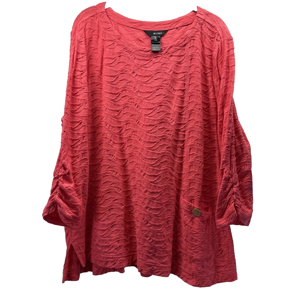 Ali Miles Women's Tunic Top Size XL Solid Red 100% Cotton Ruched Sleeve Artsy